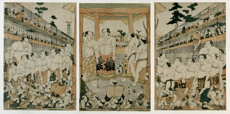 「（勧進大相撲）」（勝川春亭、1796　大英博物館）の画像。